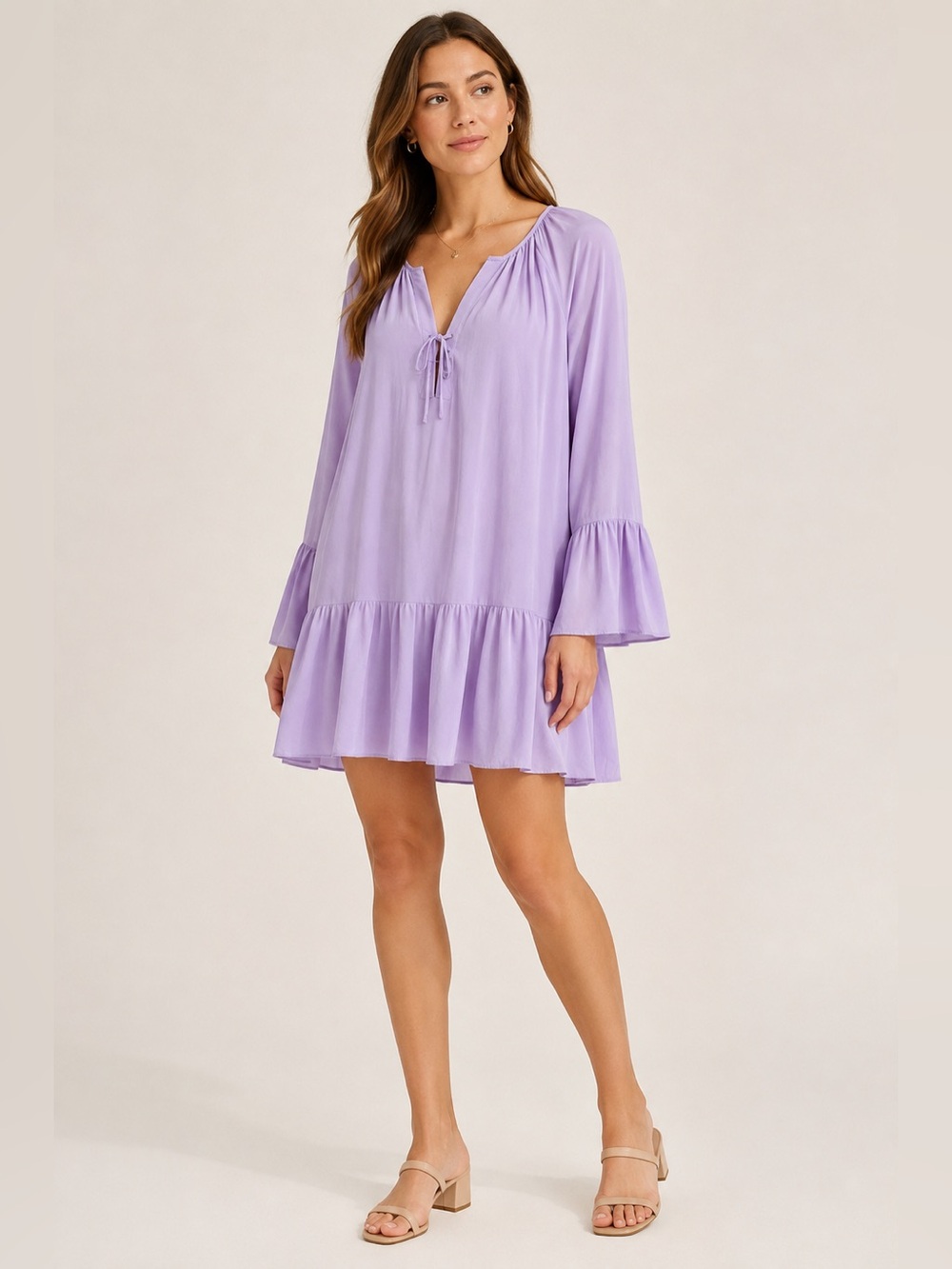 Amanda Uprichard Lavender 100% Silk Bell Sleeve Ruffle Mini Dress Size P